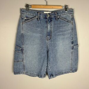 DUNST Curved Denim Carpenter Shorts Light Wash Large Stretch Relaxed Grunge 90s